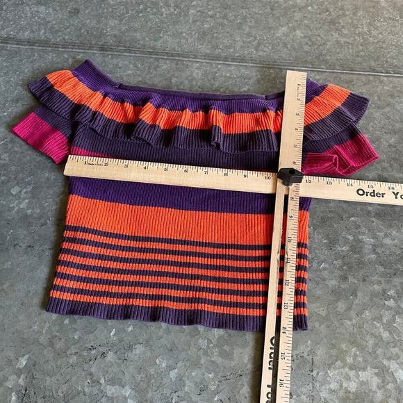 Urban Outfitters Kimchi Blue Riley Off Shoulder Ruffle Stripe Knit Top Medium - Picture 9 of 11